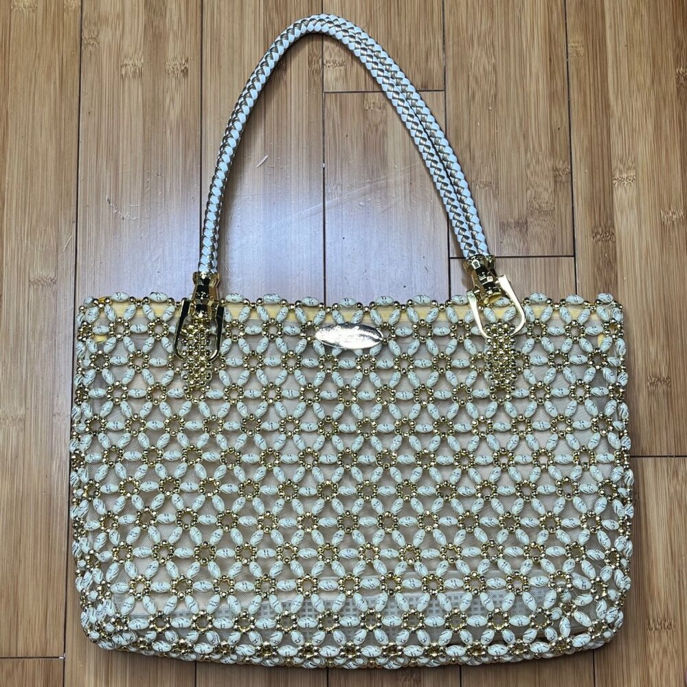 SBA Sefa Beaded Handbag With Gold Accents & White Faux Pearls